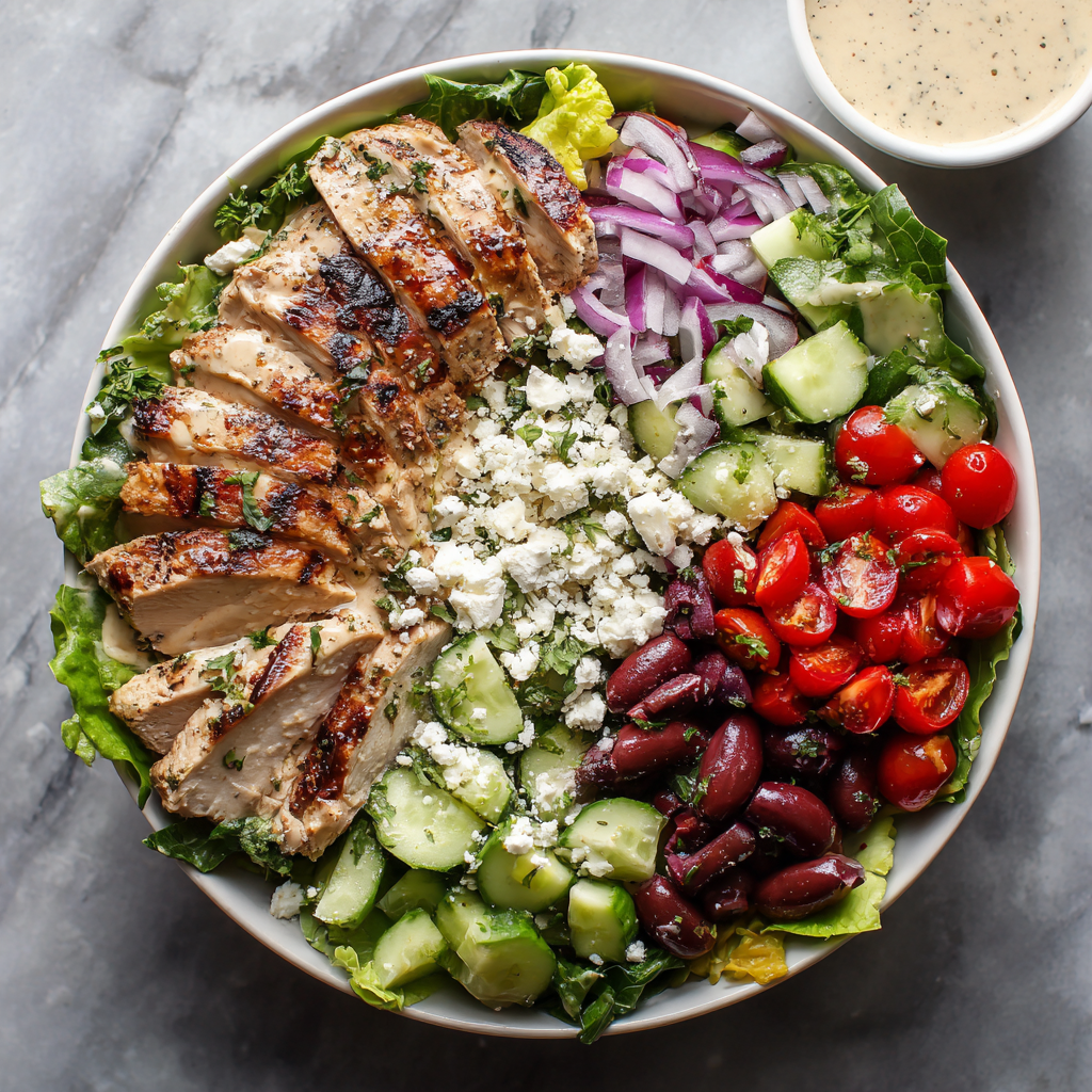 Mediterranean Protein Salad with Hummus Dressing : Fresh, Flavorful & Filling