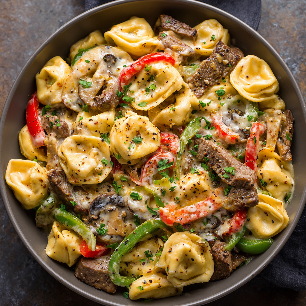 Philly Cheesesteak Tortellini Pasta : Creamy, Cheesy, and Loaded with Flavor
