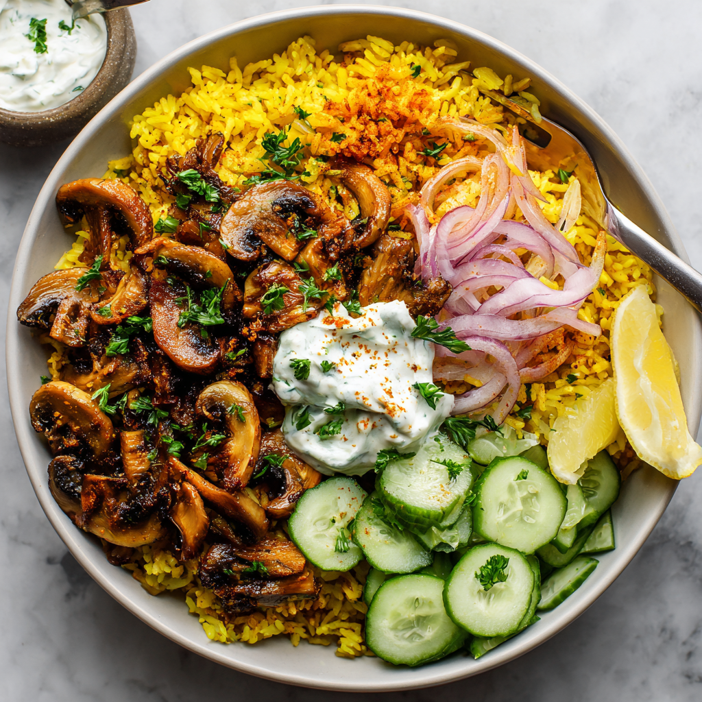Smoky Mushroom Shawarma Bowls with Turmeric Rice and Garlic Sauce