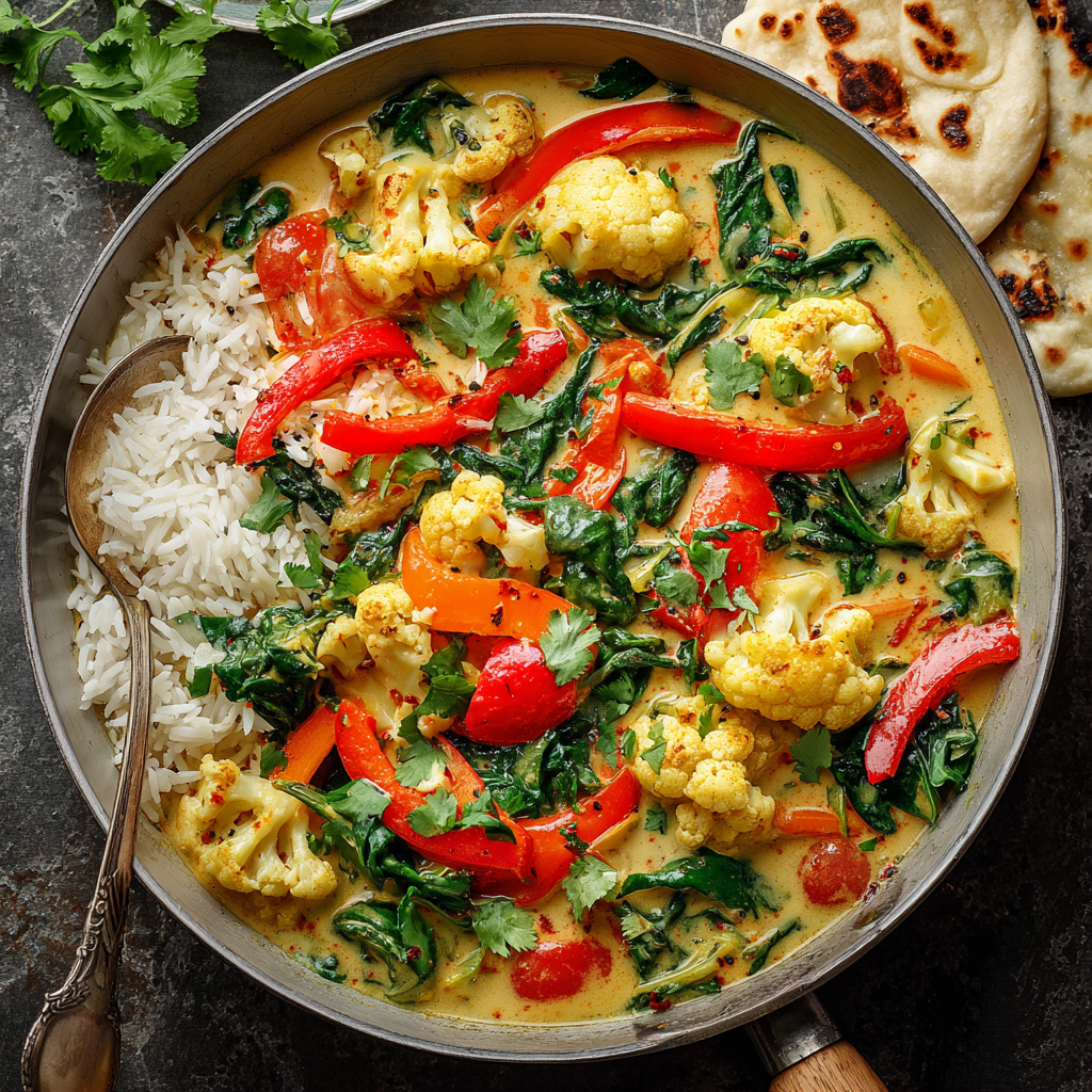 Creamy Coconut Veggie Curry with Bell Peppers, Cauliflower & Spinach